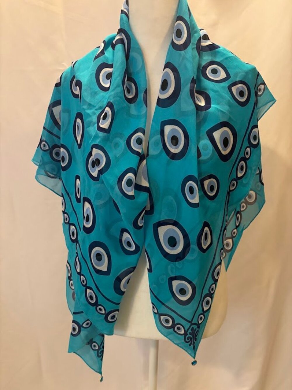 NWOT OTRERA SILK Scarf (39" x 42") with an Evil Eye Motif & small Charms